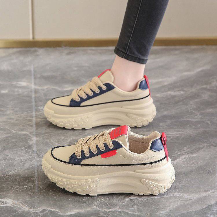 Women's all-match height increasing casual sneakers with cream, navy, and red color accents and thick platform soles