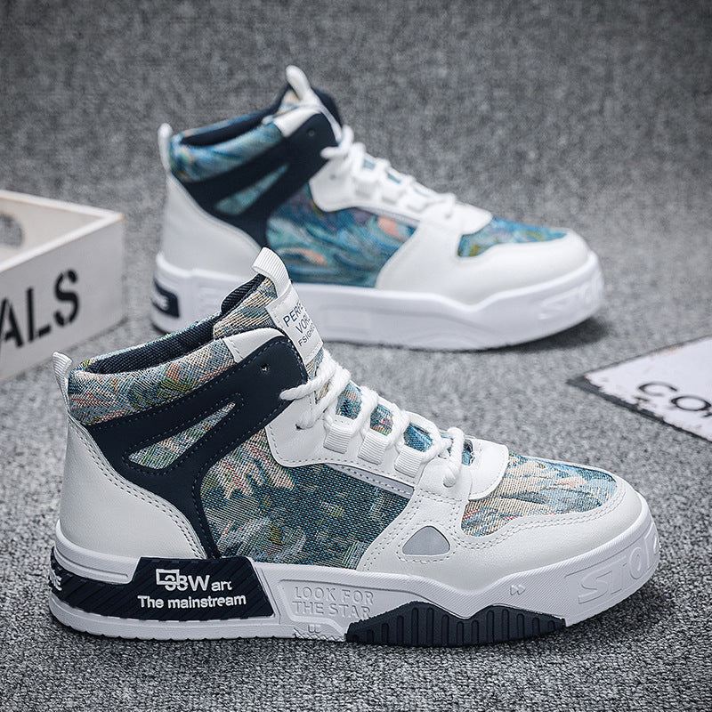 Men's high top sneakers in white and blue with breathable microfiber upper, rubber non-slip platform sole, and round toe design