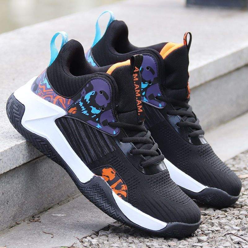 Basketball men's breathable sneaker outdoor mid-top non-slip shoes with black mesh upper and colorful stripe accents