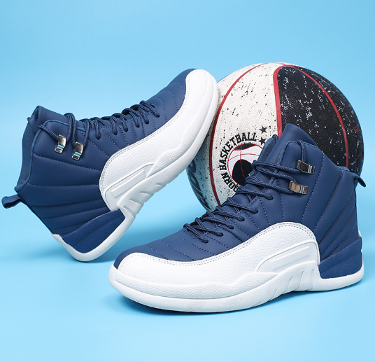 High quality men's high top basketball shoes in navy blue and white with anti-slip sole and sports design next to a black white and red basketball