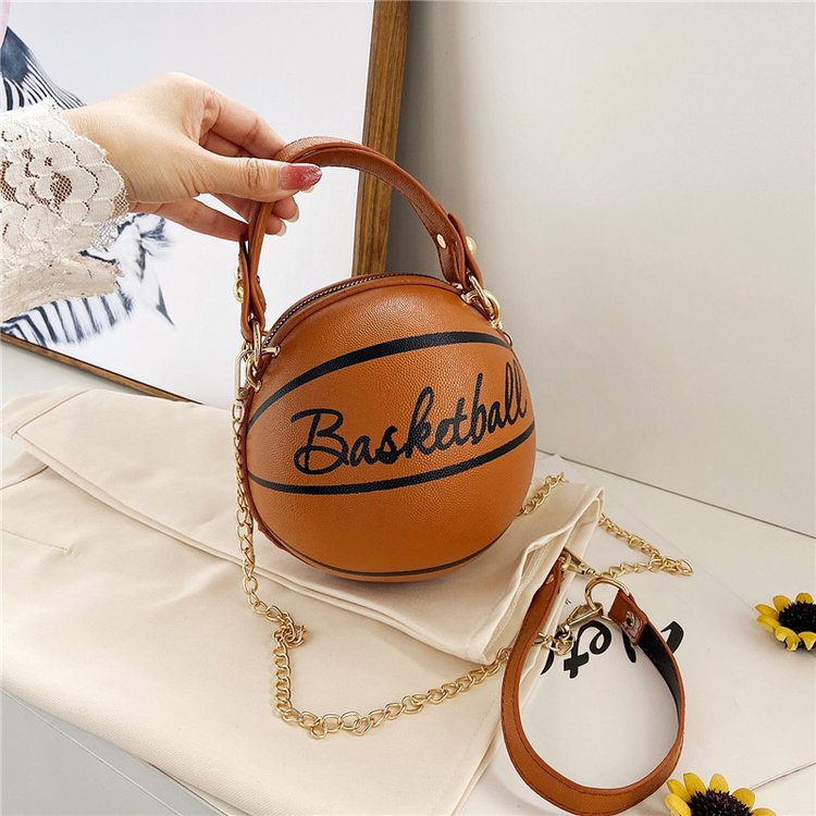 Women shoulder bag in basketball shape made of PU leather with chain strap and letter print