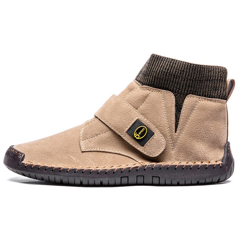 Men's Velcro ankle boot with knitted sock collar and rubber sole in tan color