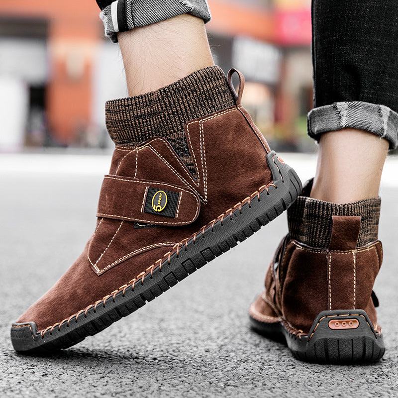 Brown men's winter ankle boots with Velcro straps and rubber soles designed for warmth and non-slip comfort