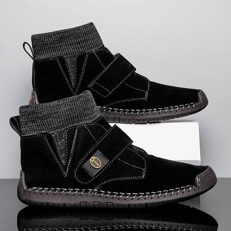 Black men's winter ankle boots with Velcro straps and knitted sock-style cuffs, non-slip rubber sole and round toe design