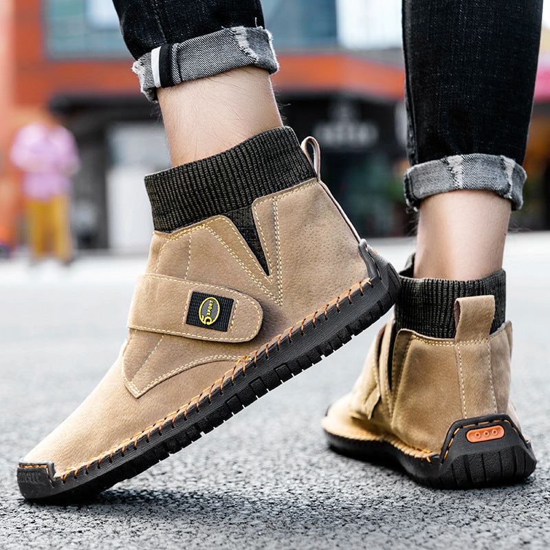 Men's winter ankle boots with Velcro strap, artificial PU upper, rubber sole, non-slip, warm, casual sock trainer style in brown.