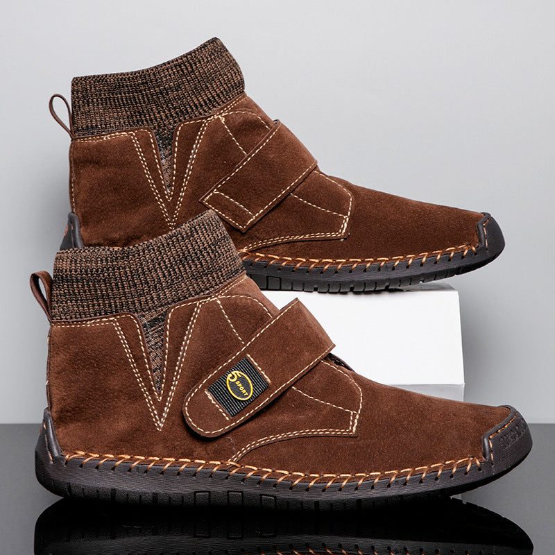 Brown men's Velcro ankle boots with knitted sock design and rubber sole for winter use