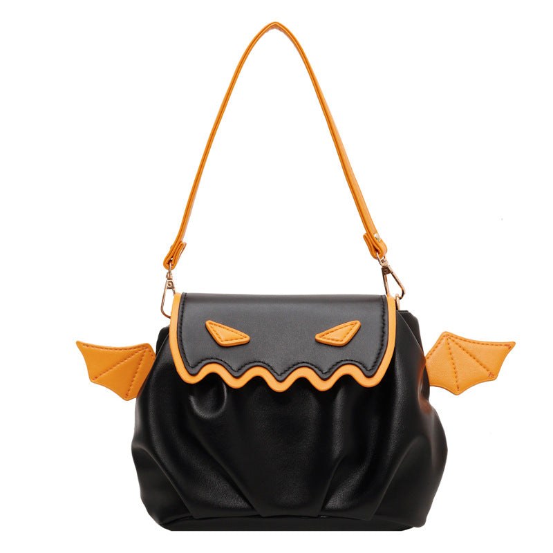 Black and orange Halloween pumpkin cartoon funny crossbody bag with small wings and shoulder strap