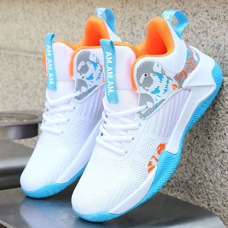 Men's breathable basketball sneakers in white and blue with mid-top design and non-slip rubber sole