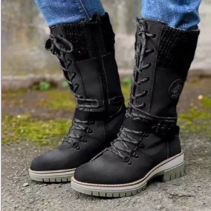 Winter high square heel round head plus size Martin boots with lace-up and zipper detail in black