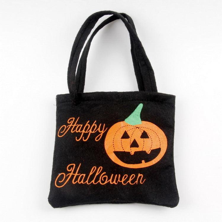 Black Halloween shoulder bag with orange pumpkin and "Happy Halloween" text design