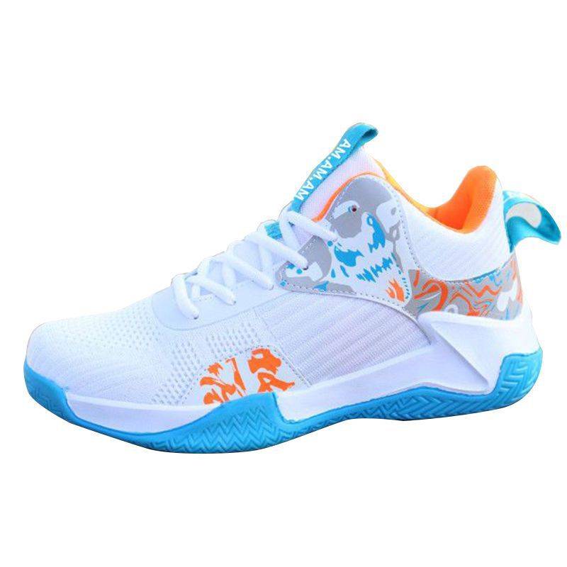 Men's breathable basketball sneaker white blue mid-top non-slip outdoor shoe