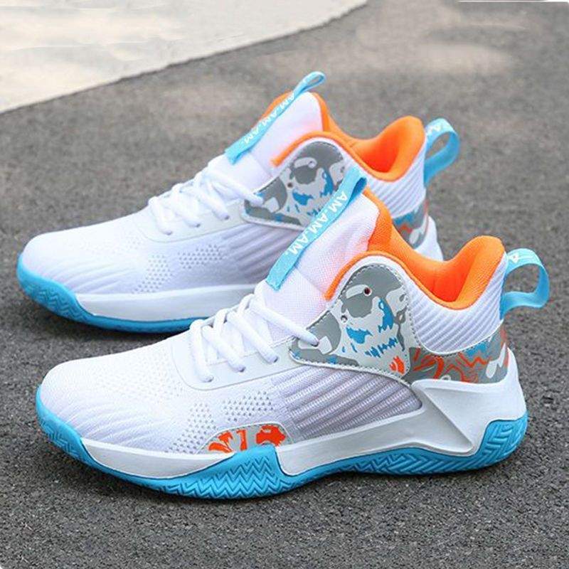 White and blue men's breathable basketball sneakers with mid-top design and non-slip rubber soles
