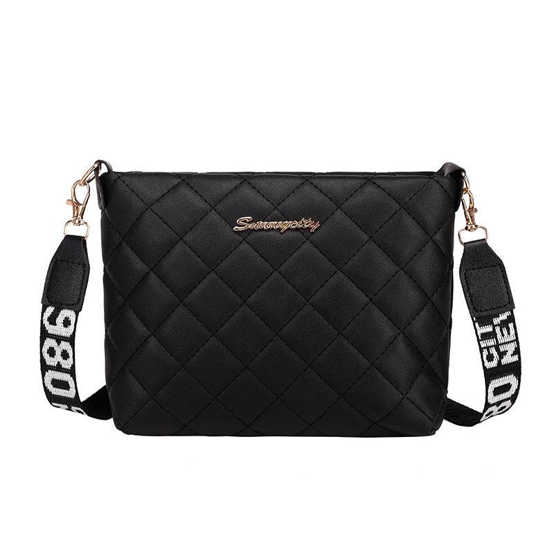 Black small messenger bag for women with quilted pattern and detachable strap