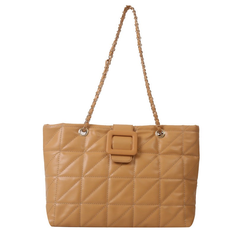 Trapezoid PU leather women shoulder bag with quilted rhombus pattern and chain strap in khaki color