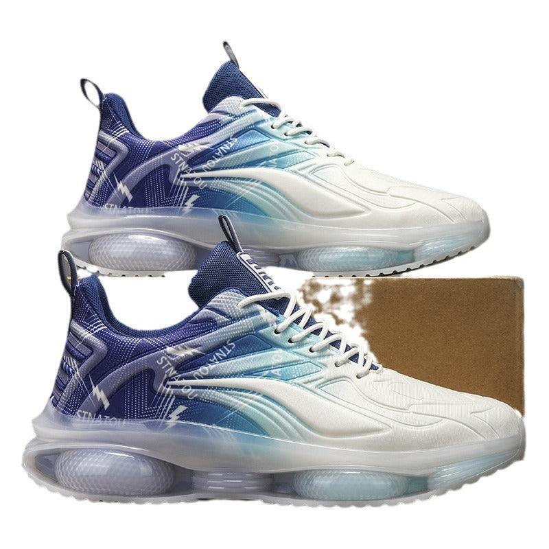 Plus size fashion casual sneakers with mesh upper, blue and white color gradient, flat PVC sole, and front lace-up design.