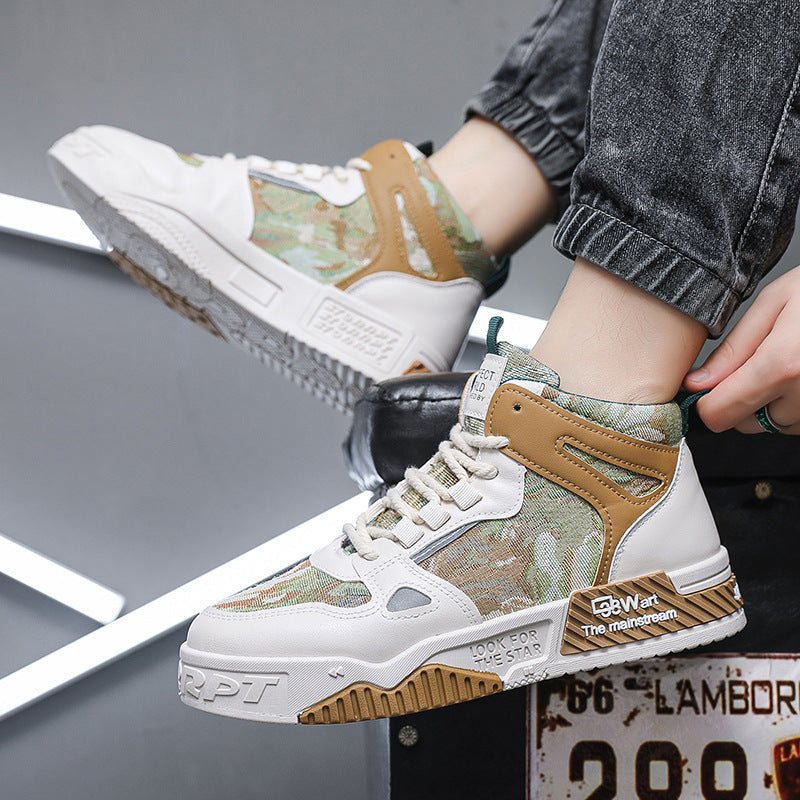 Men's high top sneakers in white, blue, and light brown with platform heel, rubber sole, breathable microfiber upper, and non-slip design