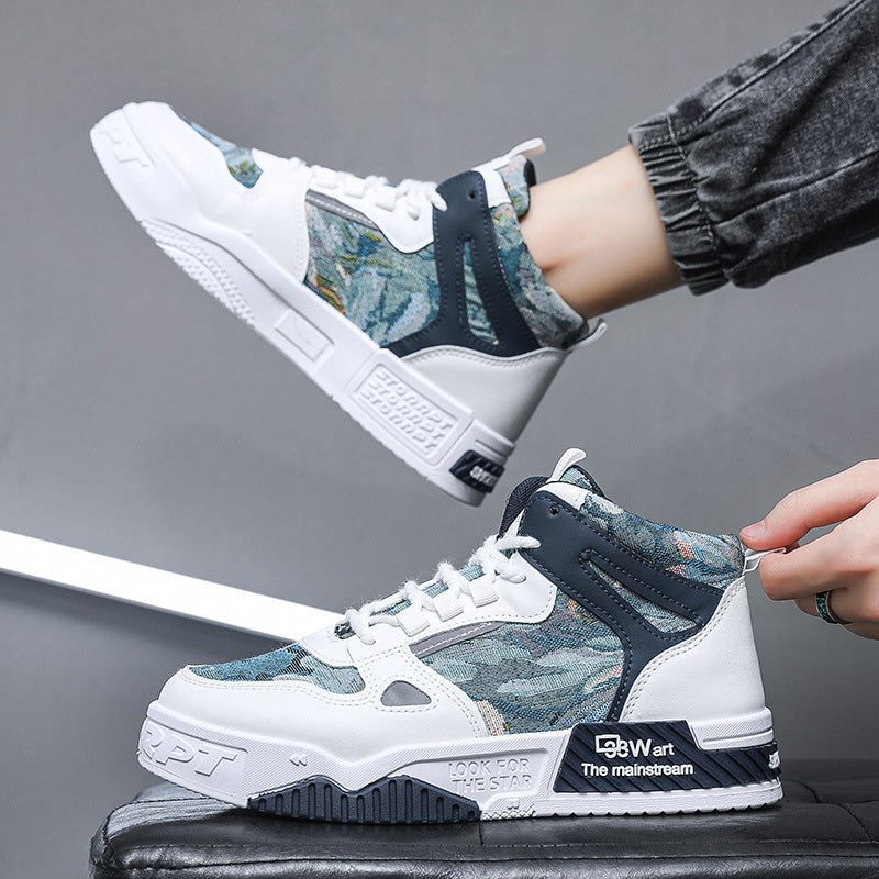 Men's high top sneakers in white and blue with non-slip rubber sole and breathable microfiber upper