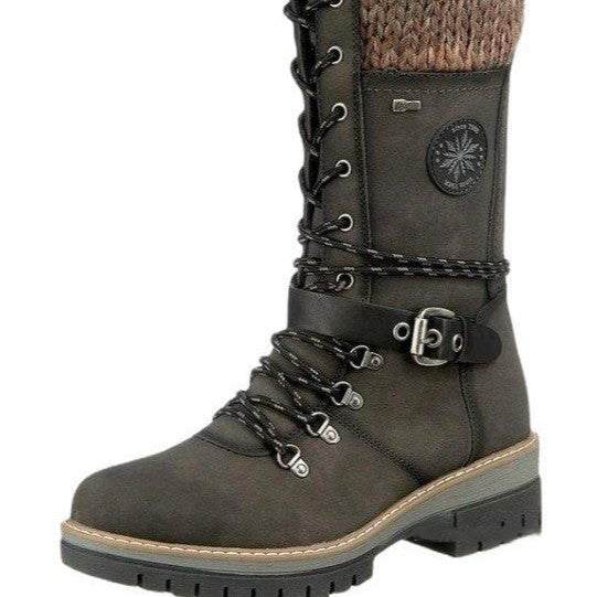 Brown winter high square heel round head plus size martin boot with lace-up front and knitted cuff