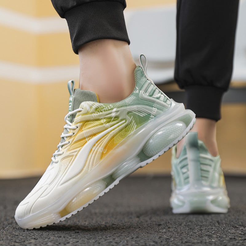 Plus size fashion casual sneaker with mesh upper, laces, and gradient yellow-green design, flat sole for leisure wear.