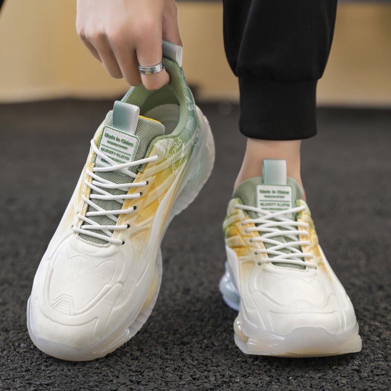 Plus size fashion casual low-top mesh sneakers in white with green and yellow accents, flat PVC soles, front lace-up design for men.