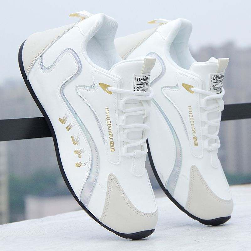 White fashion colorblock lace-up sneakers for men with breathable mesh lining and flat soles for running and walking