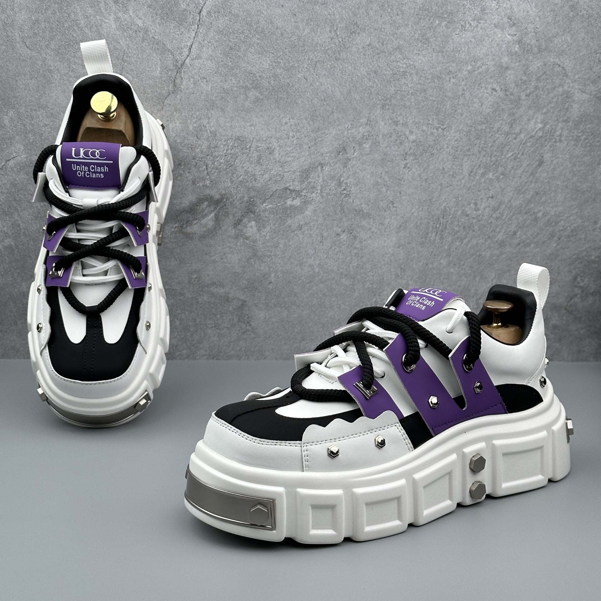 White and purple Rivet Niche Height thick bottom derby shoes with platform mid heels and round toe.