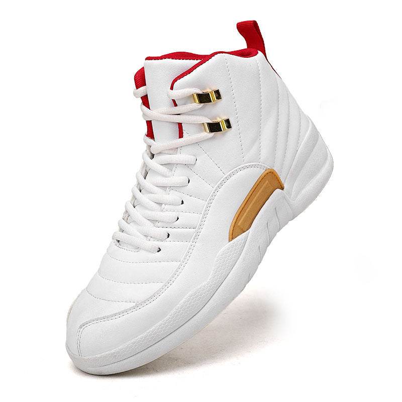 High quality white and red high top basketball shoe with anti-slip sole for men and boys outdoor sports