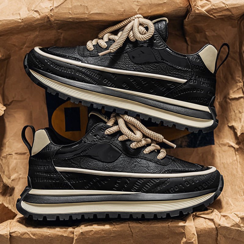 Black men's outdoor sneakers with platform sole and beige laces, designed for walking and athletic use