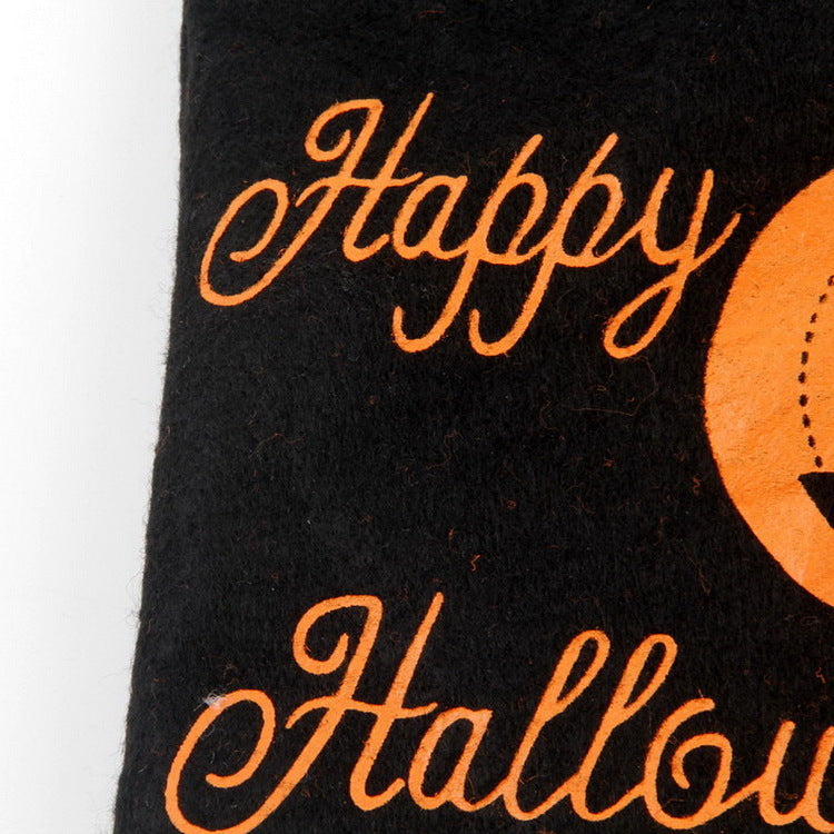 Black Halloween shoulder bag with orange spider and pumpkin print and "Happy Halloween" text