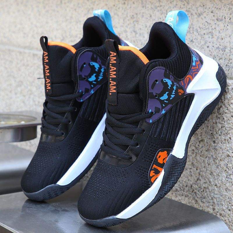 Men's breathable black basketball sneakers with mid-top design and non-slip rubber soles