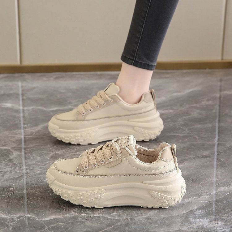 Beige women's all-match height increasing casual platform sneakers with front lace-up and chunky rubber soles