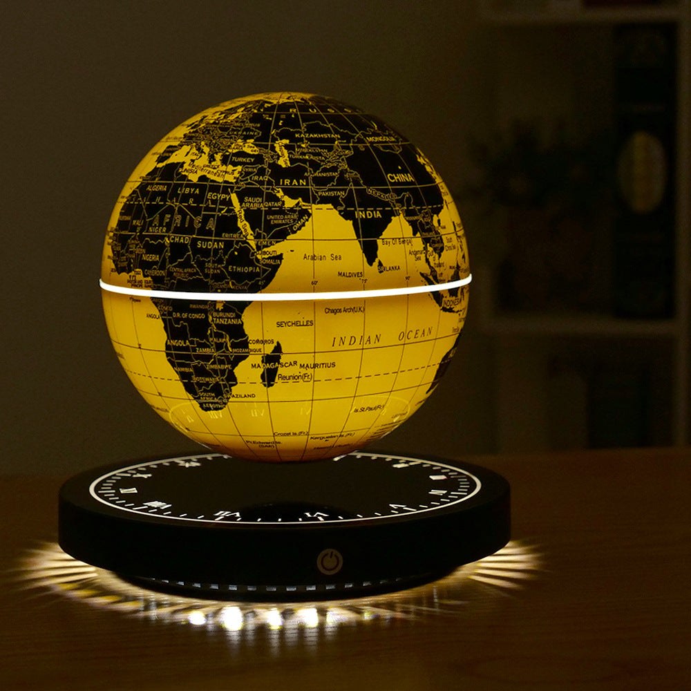 Magnetic levitation globe night light with 3D rotating black and yellow world map on modern touch base