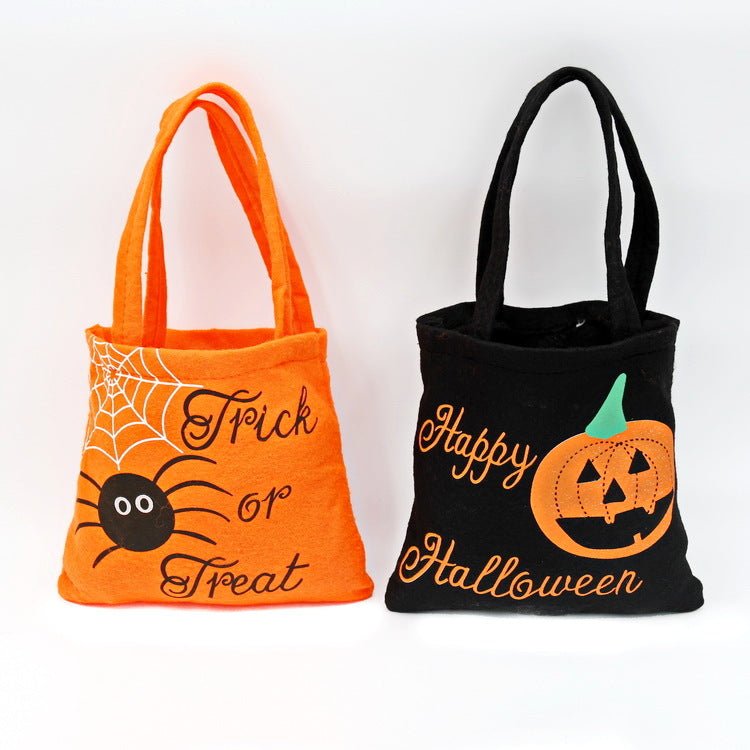 Halloween Spider Pumpkin Print fabric shoulder bags with Trick or Treat and Happy Halloween designs, ideal for children's candy and small handbags.