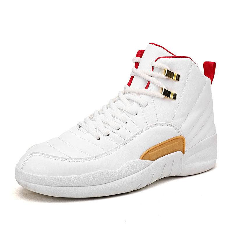 White high top basketball shoe with red accents and gold eyelets for men and boys.