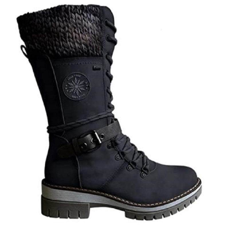 Black winter high square heel Martin boot with round toe, lace-up front, knitted cuff, and plus size design