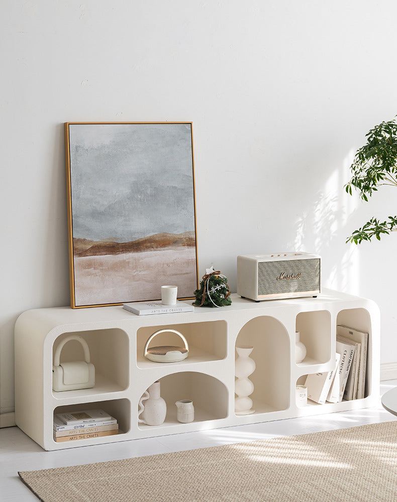 Cream Wind Tunnel Cave Storage Cabinet in cream white with arched compartments for living room organization and display