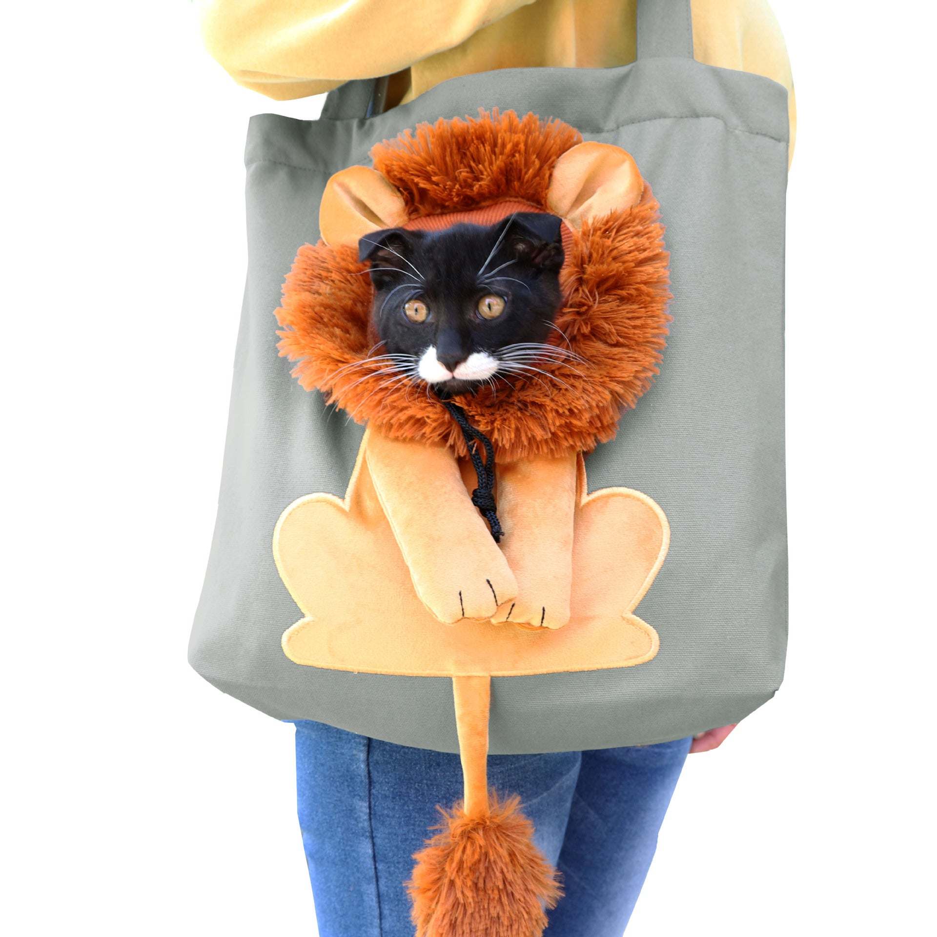 Soft pet carrier bag with lion design, breathable, portable cat and dog sling with safety zippers for small pets under 5 pounds