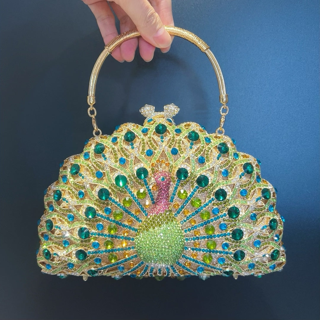 Large Peacock Diamond luxury evening bag with gold handle and colorful rhinestone peacock design