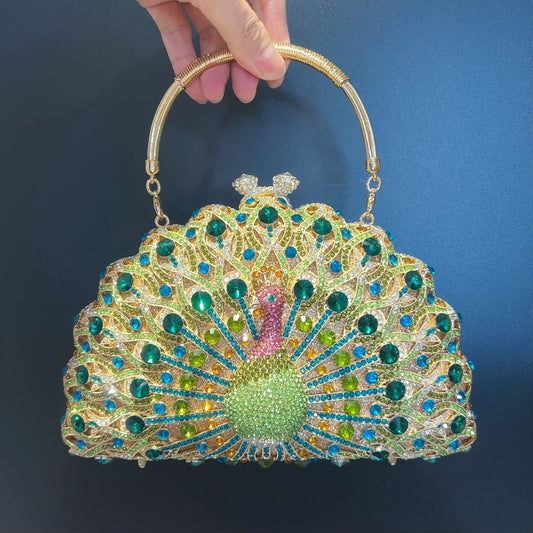 Large Peacock Diamond luxury evening bag with gold handle and colorful rhinestone peacock design