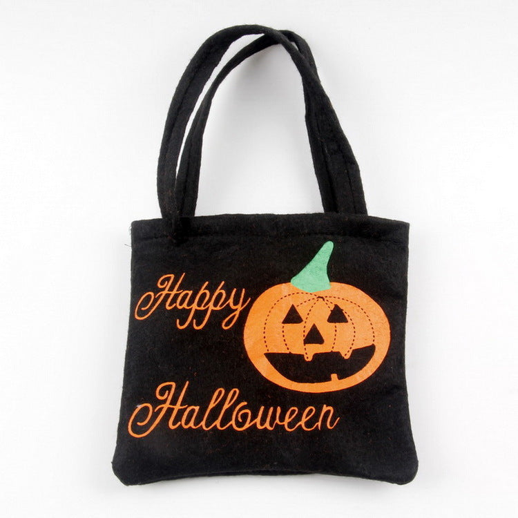 Black Halloween shoulder bag with orange pumpkin and "Happy Halloween" text design