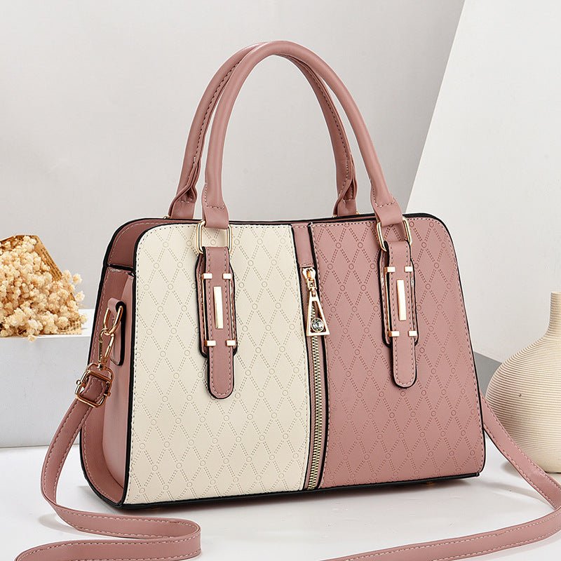 Fashion Color Matching Ladies Handbag with large capacity, pink and cream embossed design, zipper closure, and versatile carry options