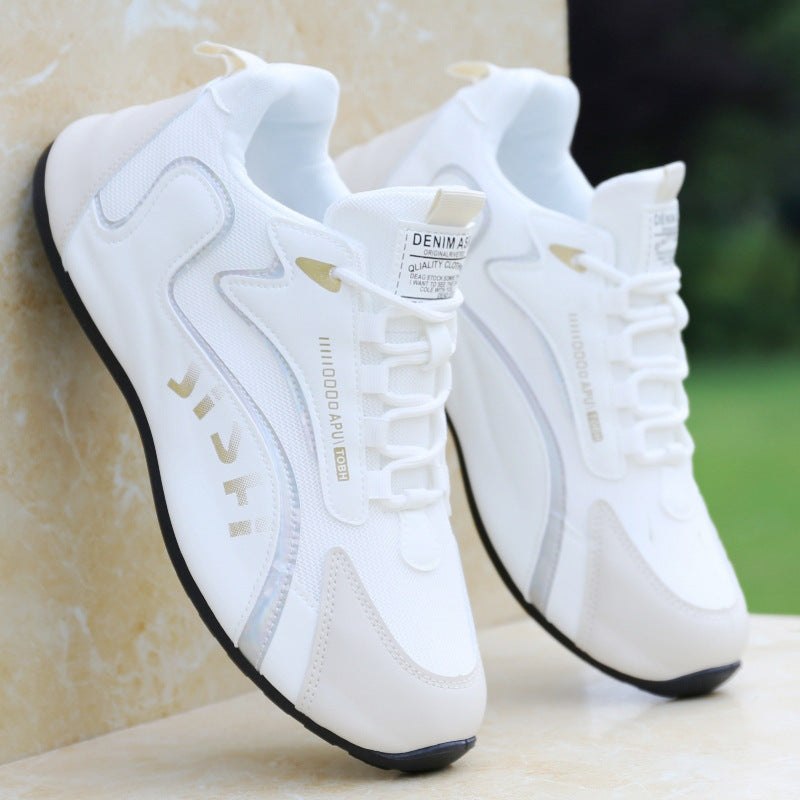 White fashion colorblock lace-up sneakers for men with breathable mesh and flat soles, ideal for running and walking.