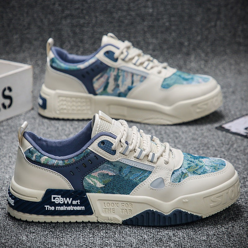 Men's high top sneakers with non-slip rubber sole, breathable microfiber upper, white and blue design, platform heel, round toe, sizes 39-44.