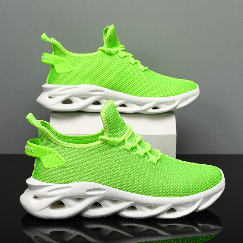 Men's lightweight breathable sports shoes with unique twist sole design in neon green color