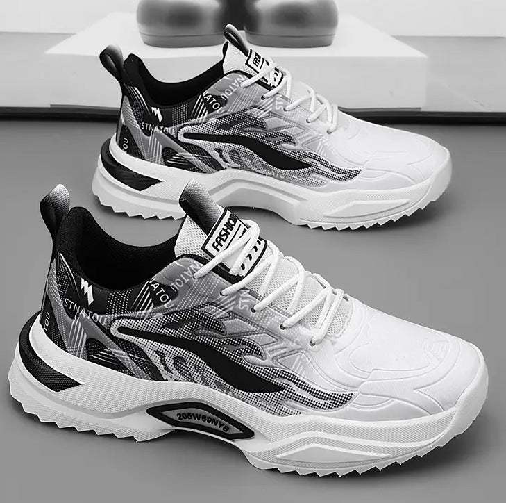 Plus size fashion casual white and black mesh sneakers with flat sole and lace-up design for men