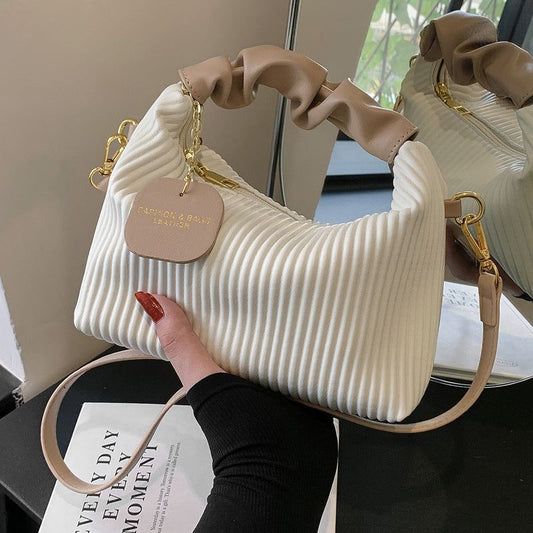 Elegant white pleated PU leather women fashion crossbody bag with adjustable strap and compact design