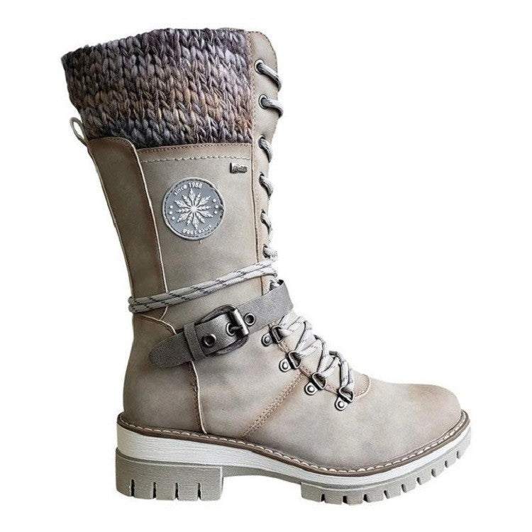 Winter high square heel round head plus size Martin boot with knitted cuff and lace-up design