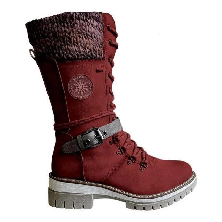 Plus size winter high square heel red Martin boots with round toe and knitted cuff detail