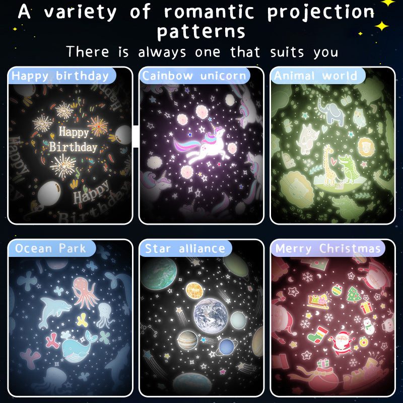 Starry Night light colorful projection with various romantic patterns including birthday, unicorn, animal, ocean, space, and Christmas themes