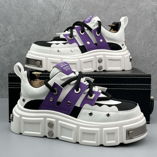 White and purple Rivet Niche Height increasing platform derby shoes with thick soles and rivet details